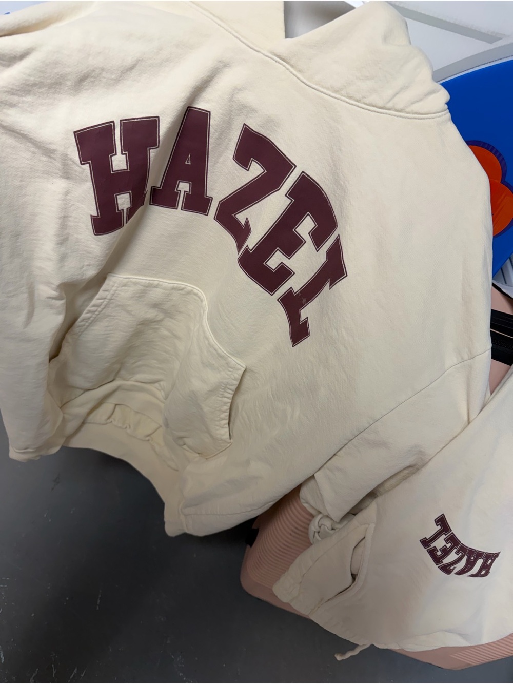 hazel Cream Hoodie and Sweatpants Set with Burgundy Logo